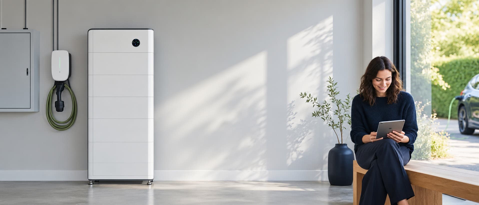 Thuisbatterij en laadpunt aan de wand van een lichte ruimte, ernaast een vrouw met een tablet op een houten bank